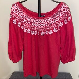 Tommy Hilfiger Hot Pink Off the Shoulder Blouse with White Embroidery Size Large